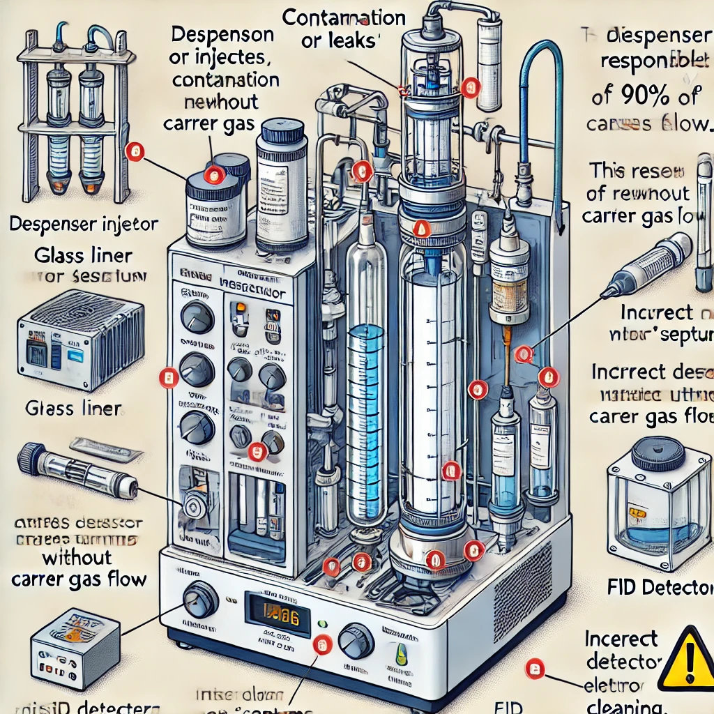 DALL·E 2024 09 29 14.02.16 A detailed illustration showing a laboratory gas chromatography system with labeled components. The system includes a dispenser injector showing con