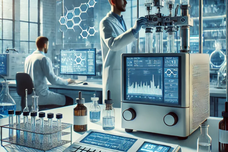 DALL·E 2025 02 06 22.41.32 A high tech laboratory setting with scientists working on chromatography equipment. One scientist is adjusting a gas chromatograph GC instrument wh