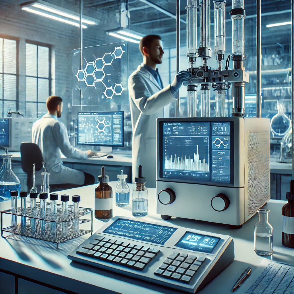 DALL·E 2025 02 06 22.41.32 A high tech laboratory setting with scientists working on chromatography equipment. One scientist is adjusting a gas chromatograph GC instrument wh